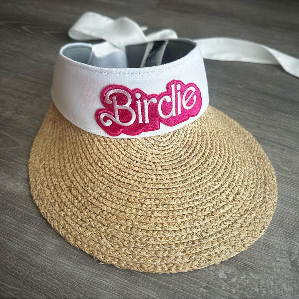 RLX Ralph Lauren Straw Visor with White Band and Pink Detail